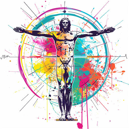 Dynamic tattoo sketch of the Vitruvian Man