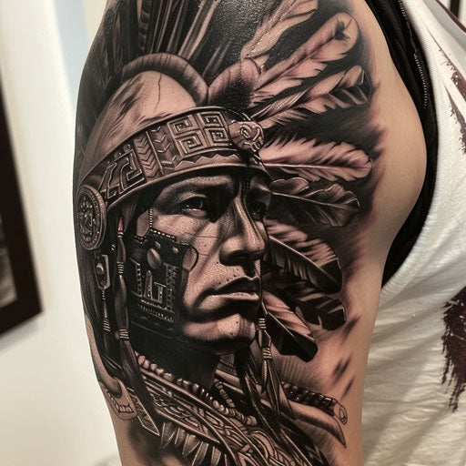 Realistic Aztec warrior portrait with an intense gaze