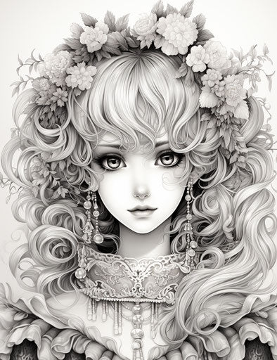Anime girl, black and white, flickr style, rococo colors, cute and colorful