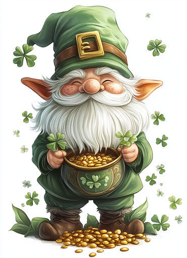 St. Patrick's Day gnome with pot of gold and shamrocks, Artgerm style