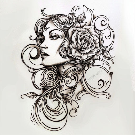 Stylish gypsy rose tattoo sketch with Art Nouveau swirls