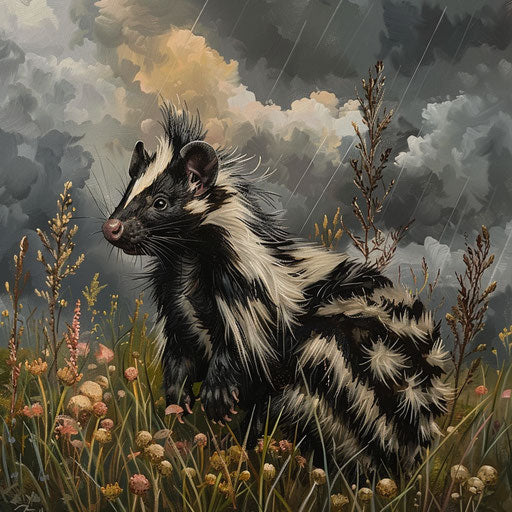 An eastern spotted skunk in an alert stance in a meadow, with a storm brewing in the distance.