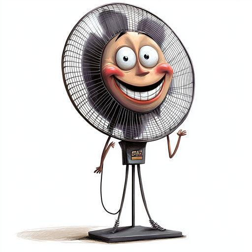 Humorous caricature of an electric fan with human characteristics