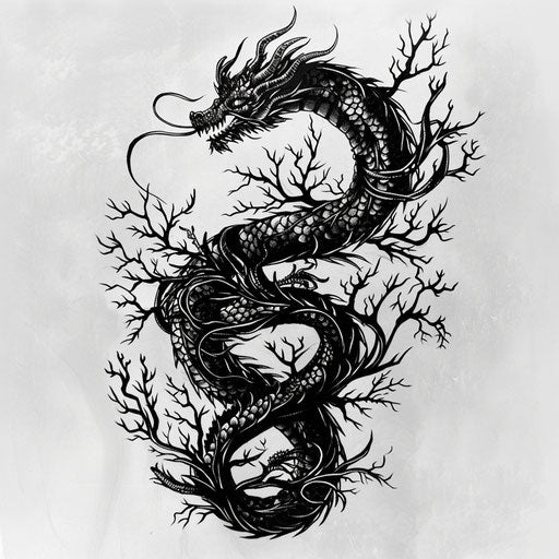 Intricate flat tattoo sketch with a black dragon intertwined with thorny vines