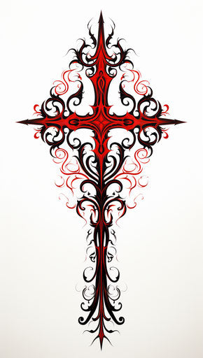 Black-red tribal cross tattoo design, todd mcfarlane style, high res