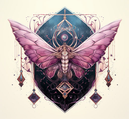 Ancient moth with crescent moon on wing, light white and dark magenta