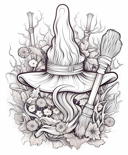 Halloween coloring page with witch hat and broom, in the style of fantastical dreamscapes, ilford pan f 5:6