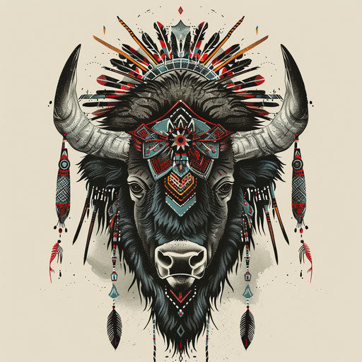 Cultural bison tattoo sketch with Native American beadwork designs