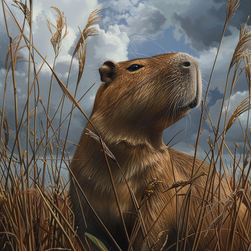 Capybara in reeds with dramatic sky