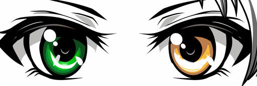 Two anime eyes, one green and one white with gray lashes