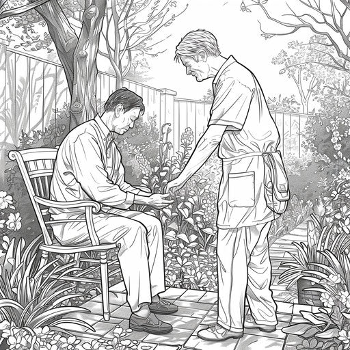 Soothing scene of a doctor comforting a patient in a garden