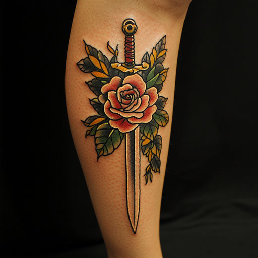 Shin tattoo with a classic rose and dagger, in the style of Ed Hardy