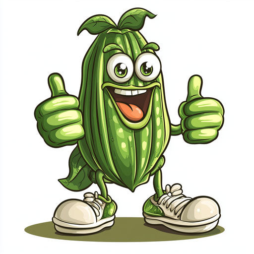 Humorous caricature of an okra with human characteristics, exaggerated frowning mouth, toe feet, vibrant colors, cartoon style, thumbs up, high-resolution, no background, isolated –c 40
