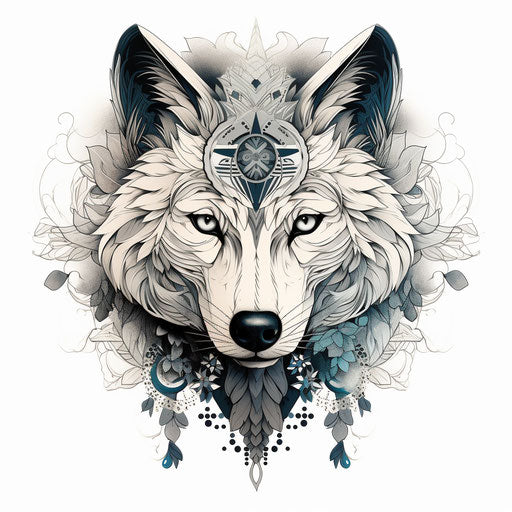 Wolf symbol in black and white on white background, intricate collage style