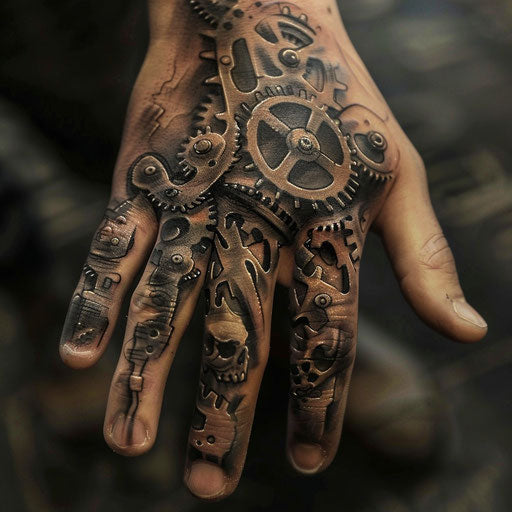 Intricate mechanical gear hand tattoo for men