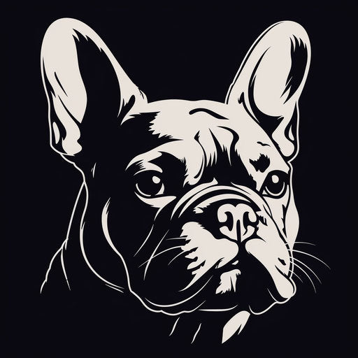 French bulldog head in black-and-white animated style