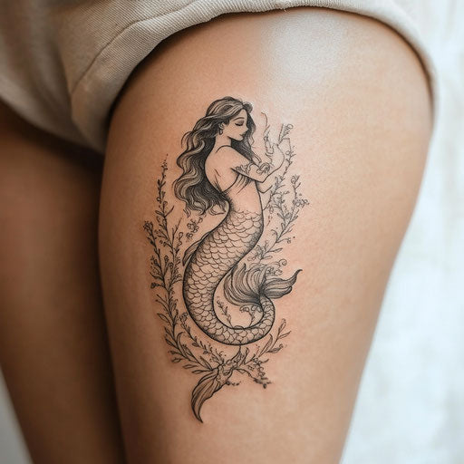 Feminine tattoos with a mermaid surrounded by seaweed