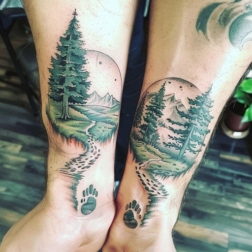 Matching best friend tattoos in the style of Peter Jackson with hobbit footprints