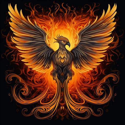 Phoenix burning bird from sky, flat colors style