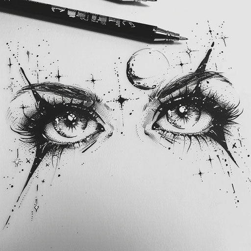 Bold flat tattoo sketch of a set of wide, open eyes with cosmic reflections suggesting dreams