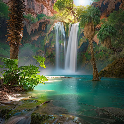 Havasu Falls surrounded by vibrant tropical vegetation