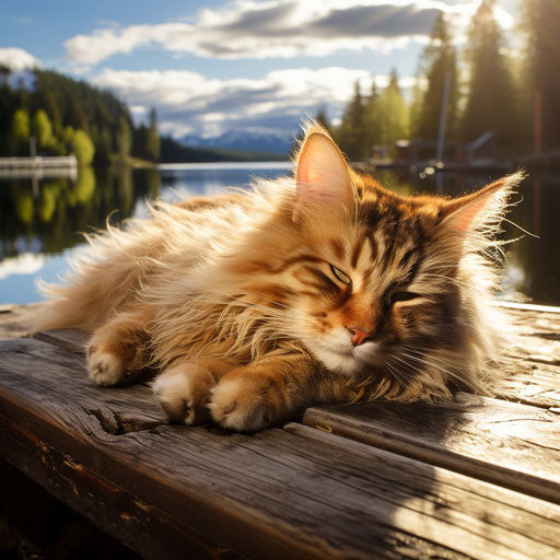 Norwegian forest cat lying on a dock