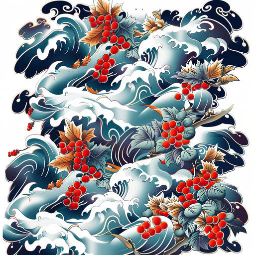 Japanese style tattoo art of a Holly, with waves and clouds in traditional colors on a white background