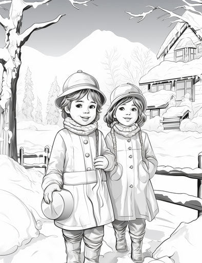 Two children coloring a coloring book outside in the snow