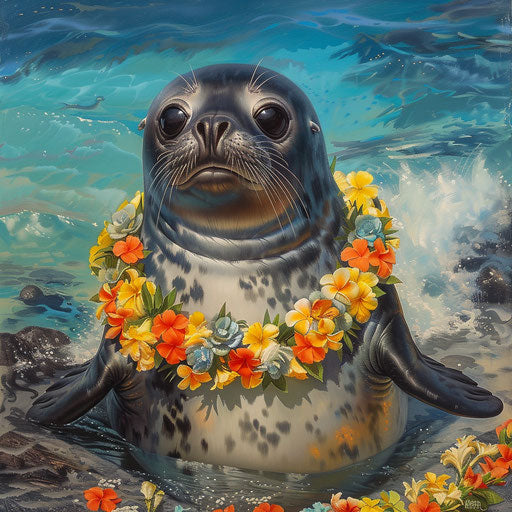 Charming scene of a Hawaiian monk seal with a lei around its neck