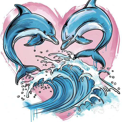 Duo of dolphins jumping over a heart-shaped wave