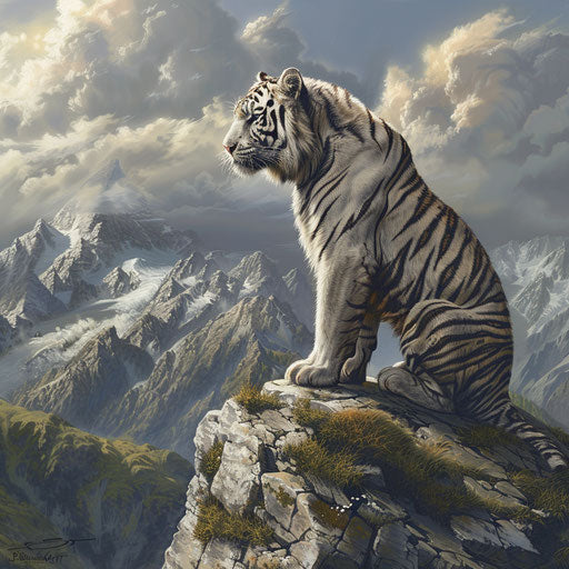 Powerful white tiger on a rock, overlooking vast mountain habitat