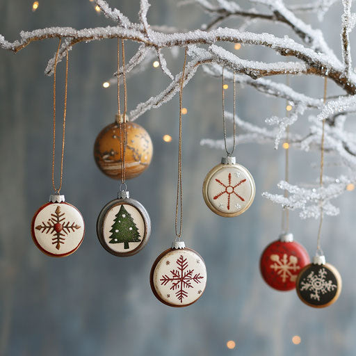 Vintage tin ornaments hanging from a frosted branch