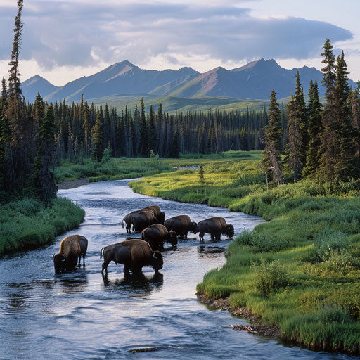 Serene riverbank in Alaska with wood bison at dusk