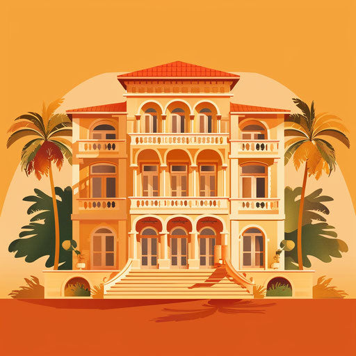 Realistic mansion on flat sunset orange background