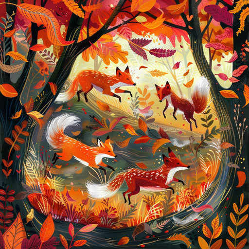 Foxes Running in an Autumn Forest, Swirling Leaves