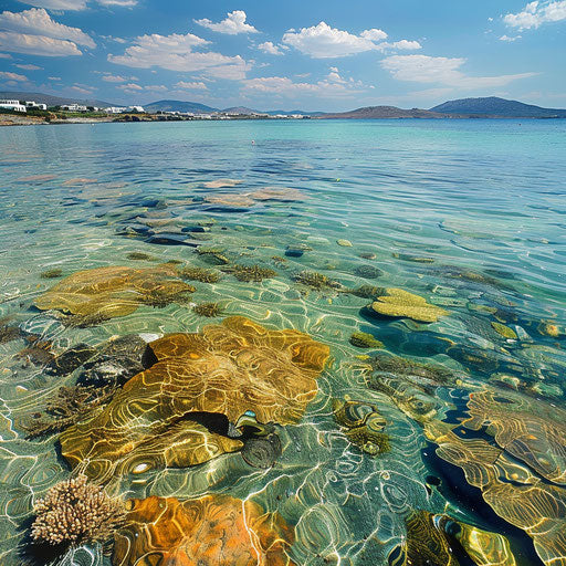Golden beach with intricate coral reefs in clear water