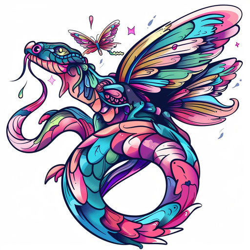 Flat tattoo sketch of serpent with butterfly wings