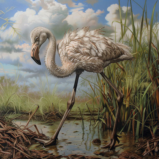 Baby flamingo's first steps on soft marshy ground