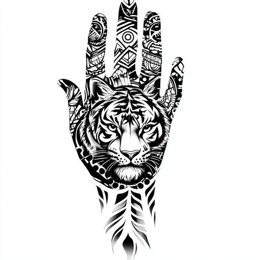 Tiger tattoo with tribal patterns on hand