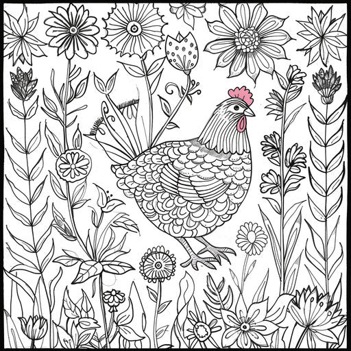 Floral garden with chicken, Basford style, adult coloring