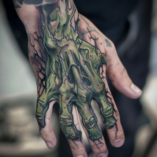 Macabre zombie hand tattoo in green and gray on white