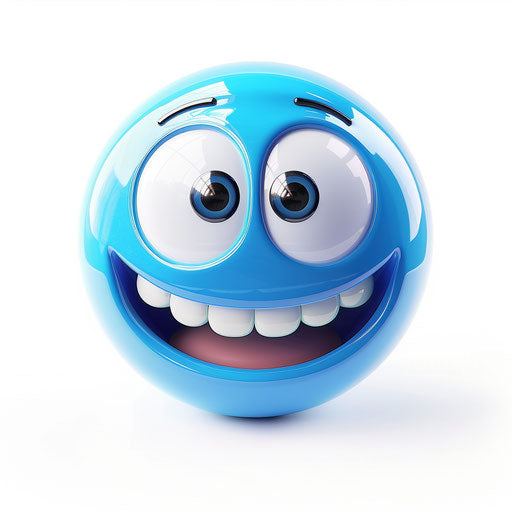 Blue sphere with white teeth and joyful eyes