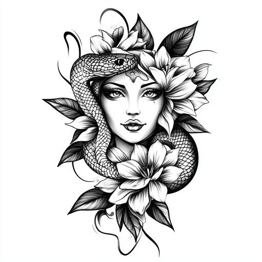 Flat tattoo sketch of medusa hand tattoo with floral design