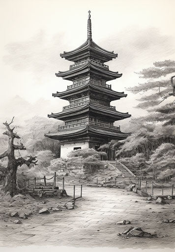 Japanese temple tower, realistic graphite drawing, powerful symbolism