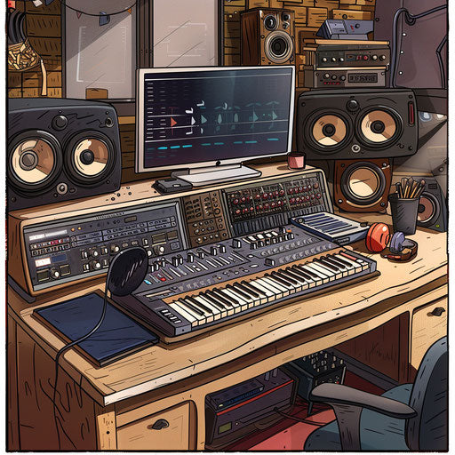 Music studio with mixing board in an office