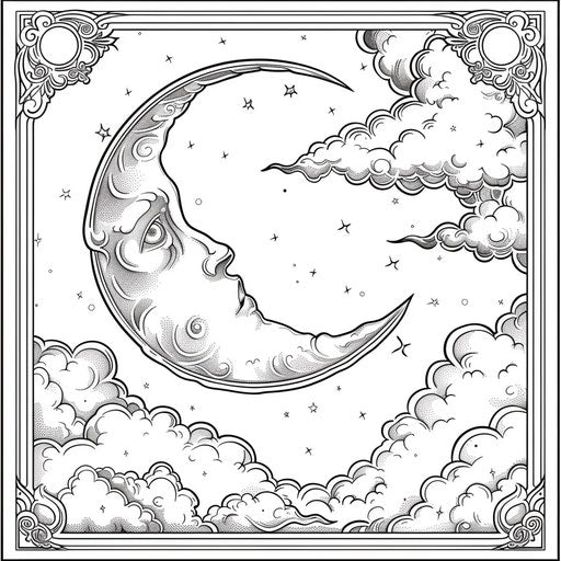 Crescent moon surrounded by clouds - Coloring book page