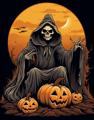 The grim reaper with a pumpkin, iconic rock style, symbolizes deeply