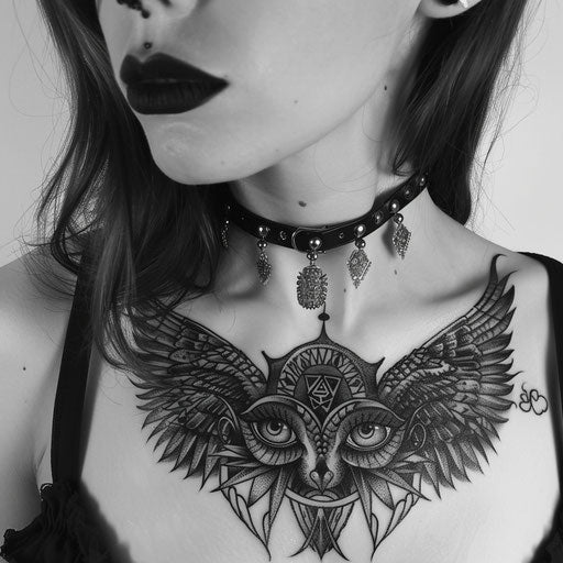 Dark and mysterious chest tattoo for women with occult symbols