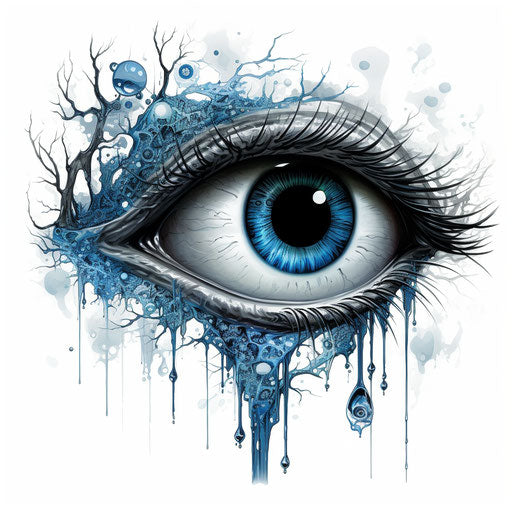 Eye tattoos and eyeglasses, realistic light depiction style