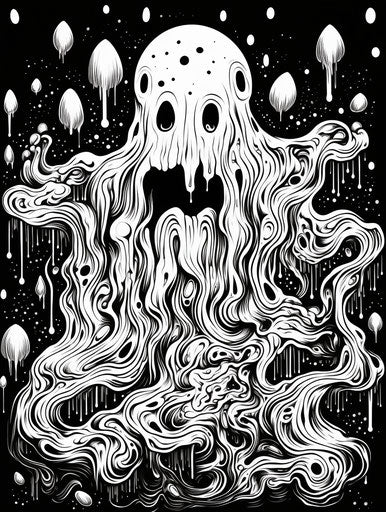 Black and white illustrated greeting card of a little ghost, detailed psychedelic punk style 3:4